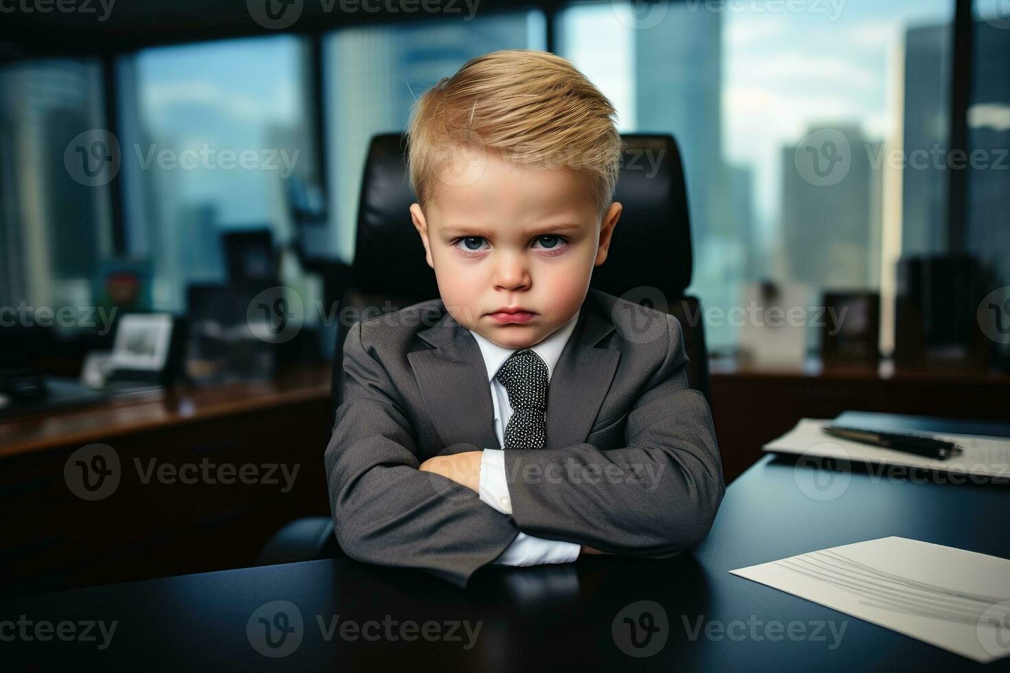 A kid in a business suite being bossy in an office.AI generative photo