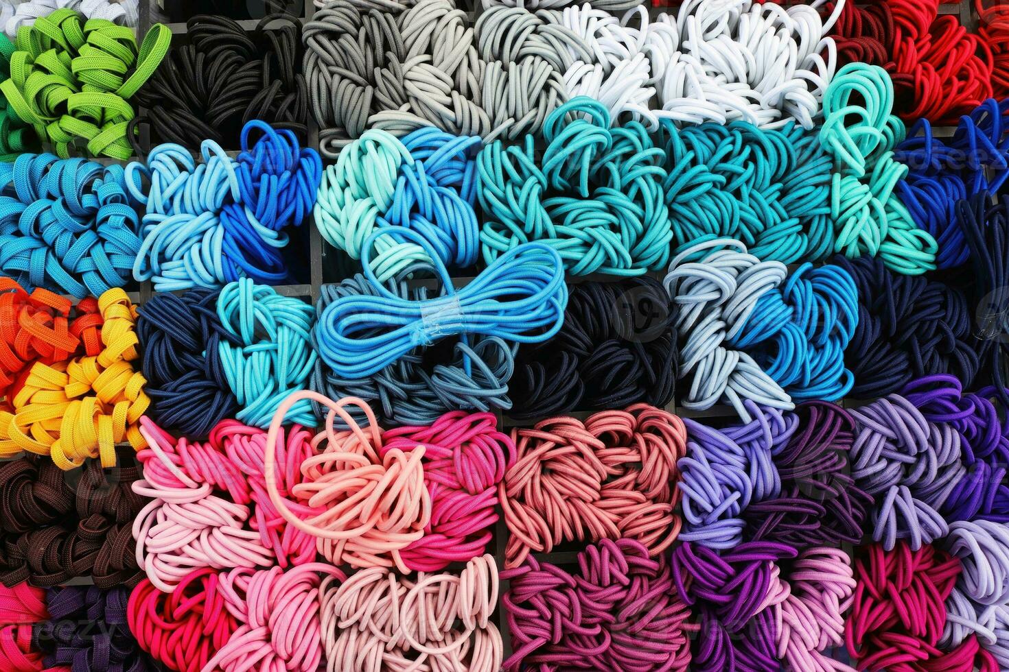 Detailed close up view on samples of cloth and fabrics in different colors found at a fabrics market photo