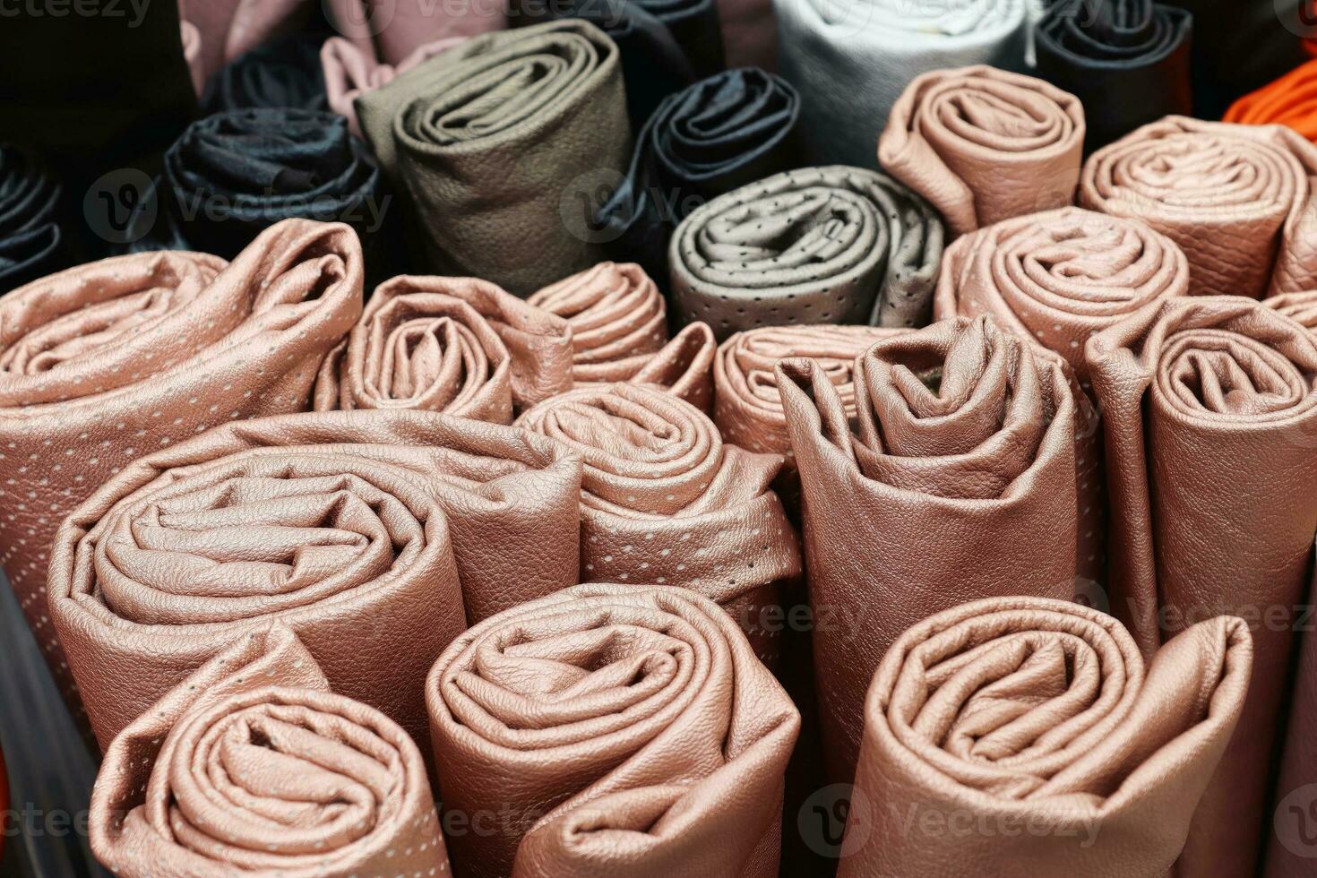 Detailed close up view on samples of cloth and fabrics in different colors found at a fabrics market photo