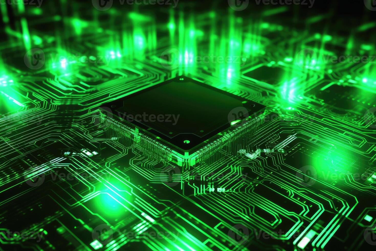A background of modern technology with conductors and processors in colourful light. photo