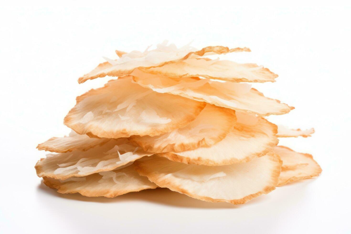 A pile of coconuts chips on a white background AI Generated photo