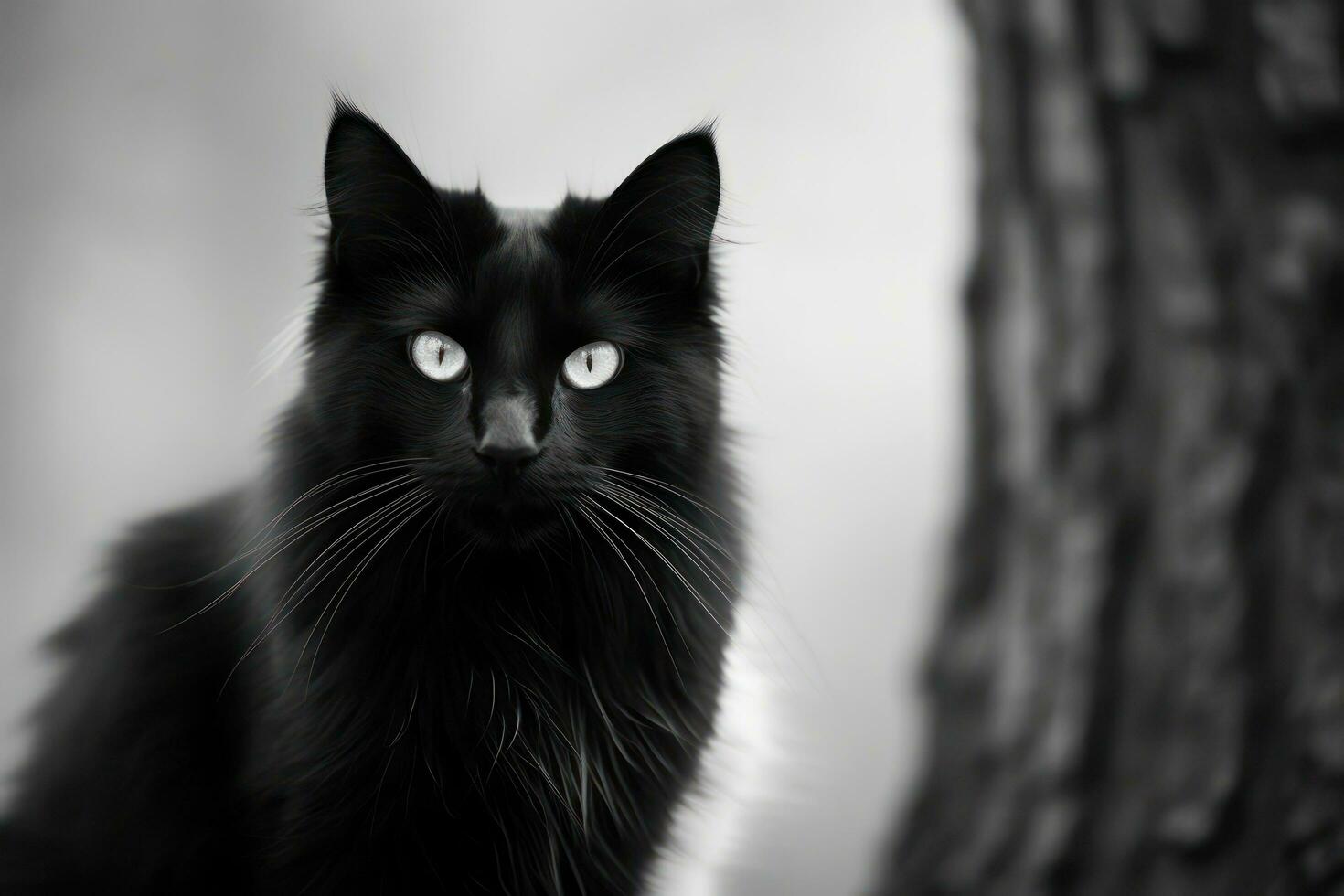 A black cat is sitting in front of a tree AI Generated photo