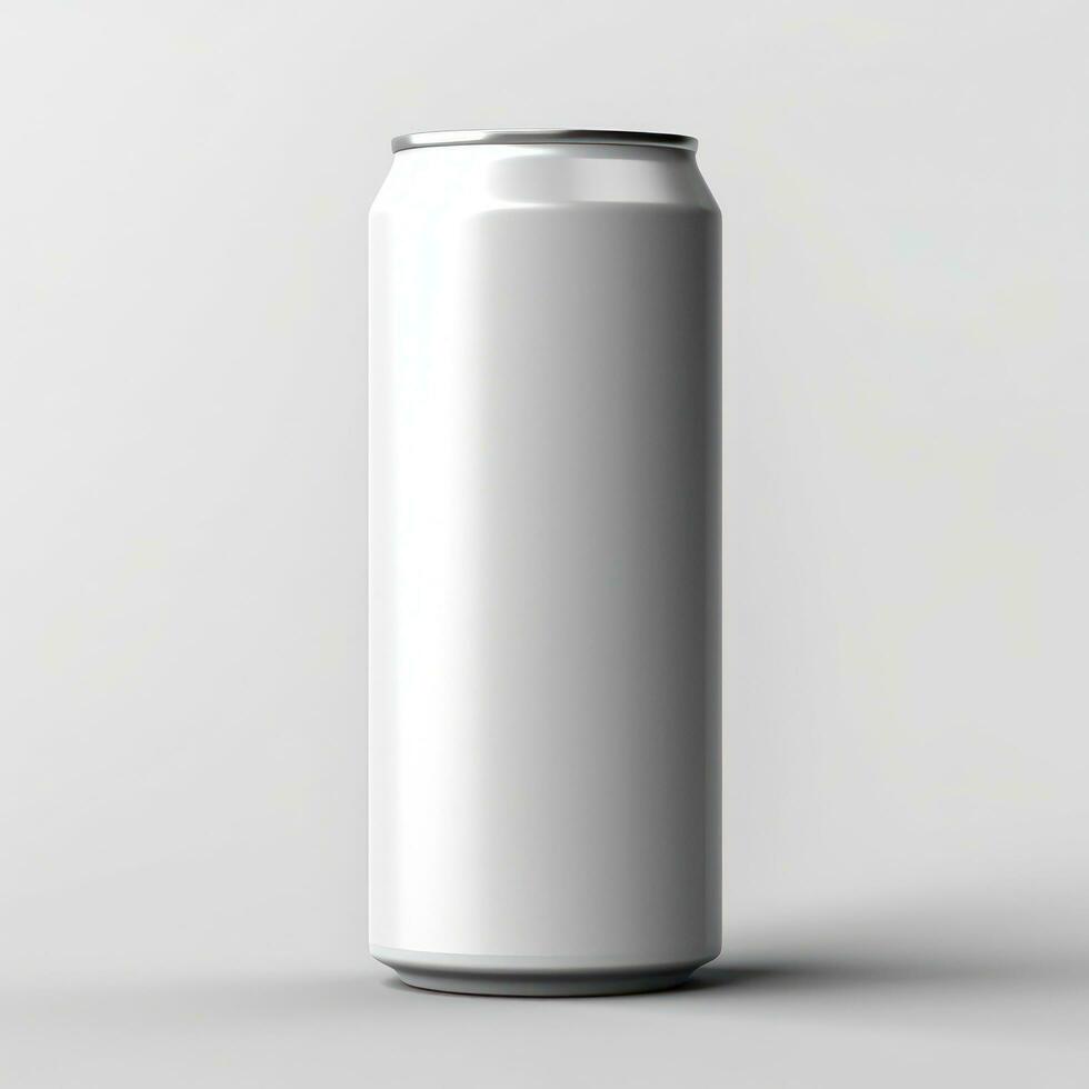 un blanco blanco aluminio lata de soda en un blanco antecedentes ai generado foto
