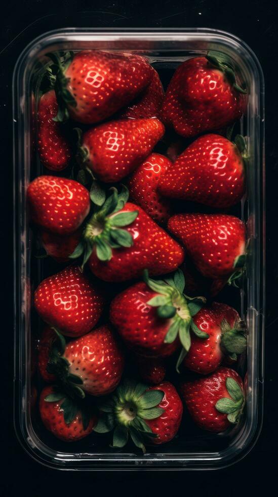 Strawberries in a plastic container on a black background AI Generated photo