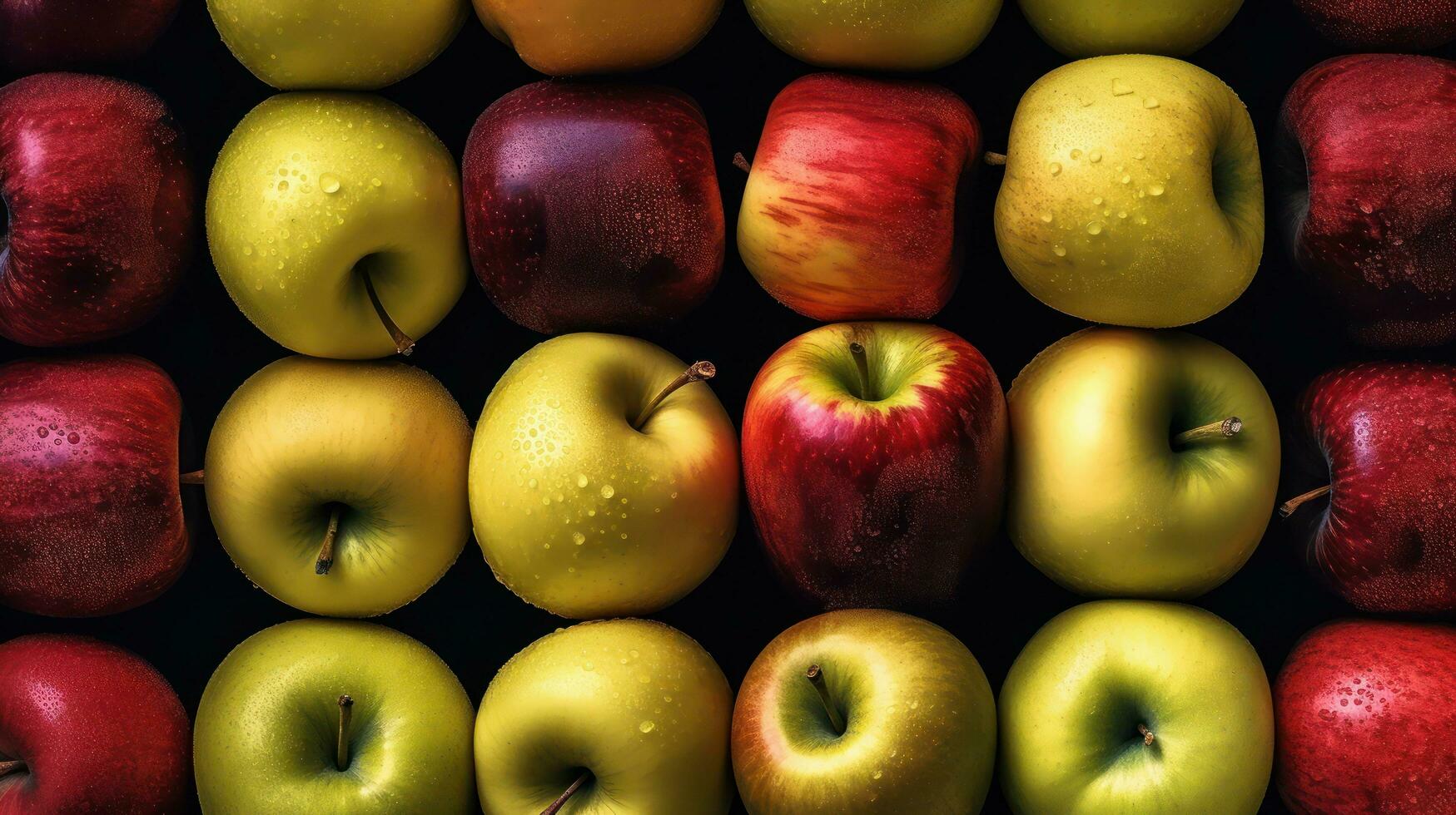 Many different colored apples are arranged in a row AI Generated photo
