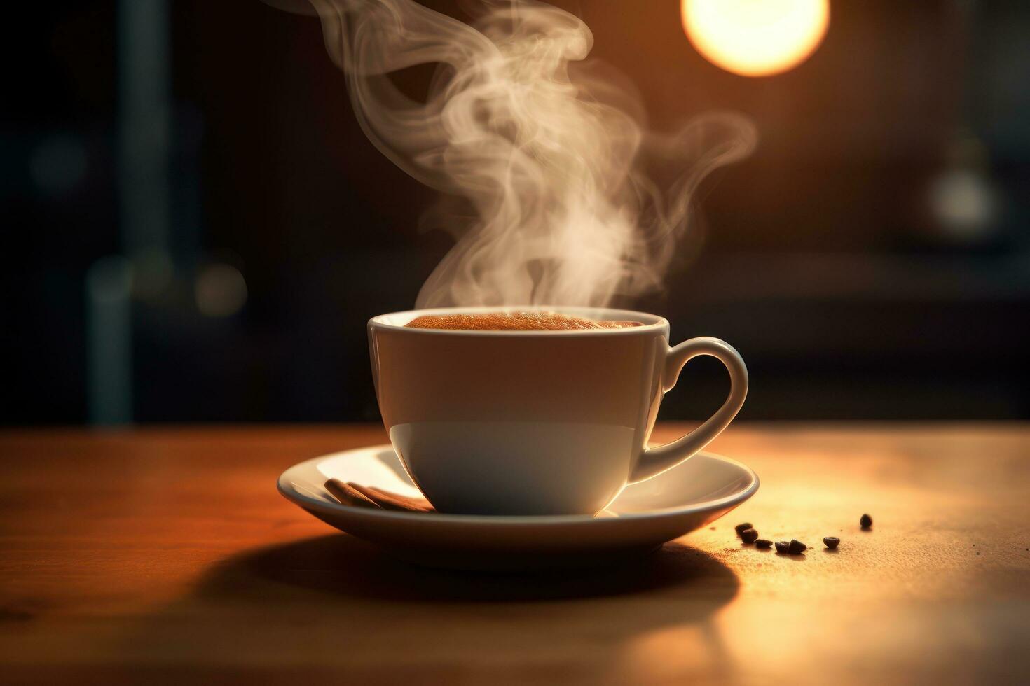 un taza de café con vapor viniendo fuera de eso ai generado foto