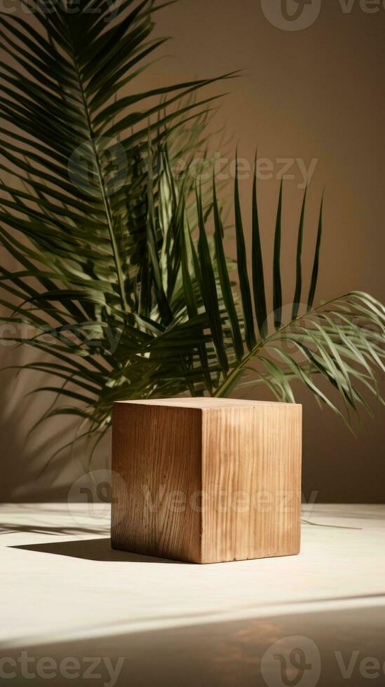 A wooden cube sitting next to a palm tree AI Generated photo