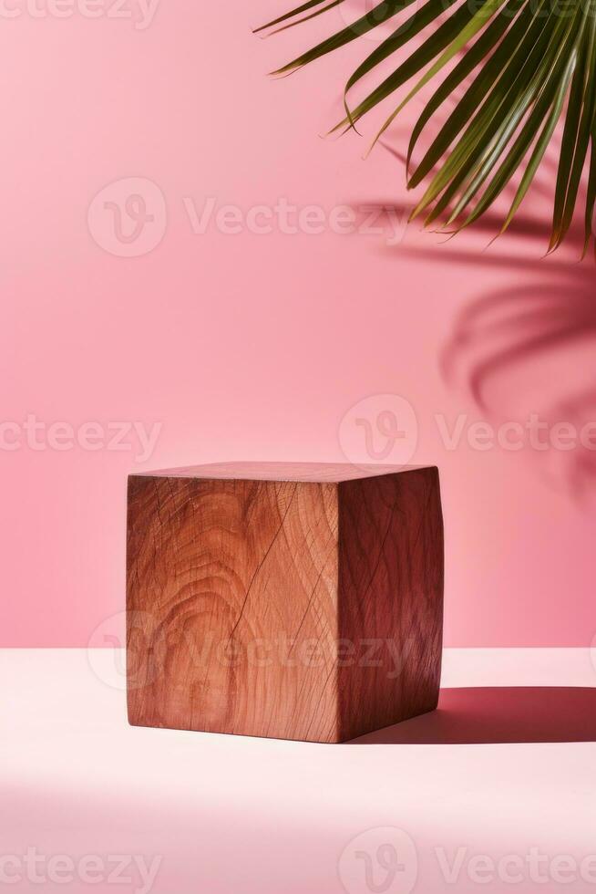 A wooden cube sitting next to a palm tree AI Generated photo