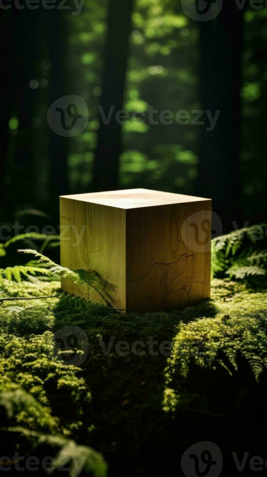 A wooden cube sitting on top of a mossy forest AI Generated photo