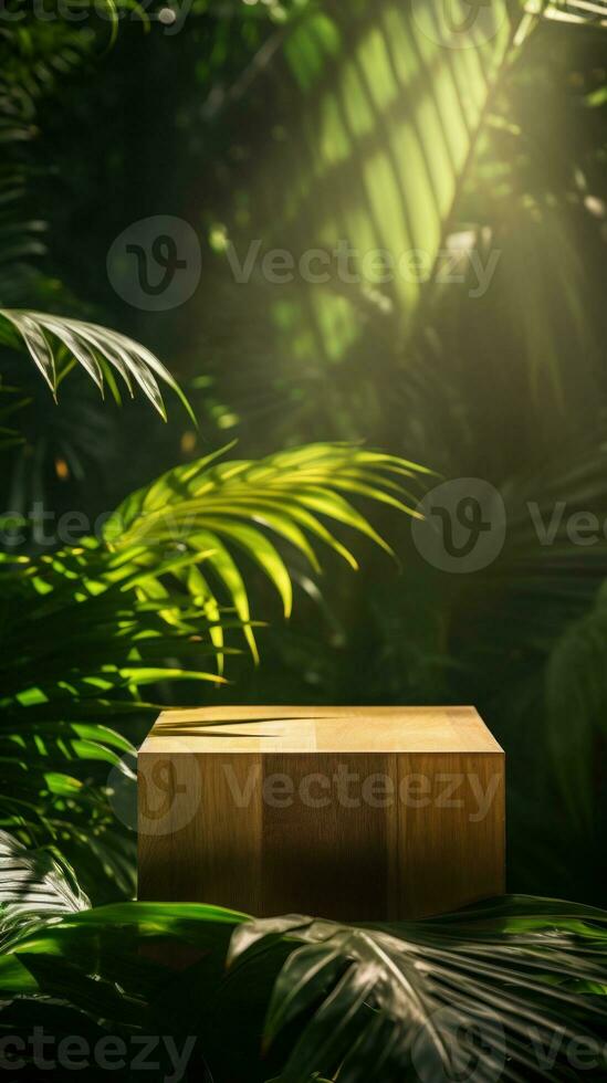 A wooden cube sitting on top of a mossy forest AI Generated photo