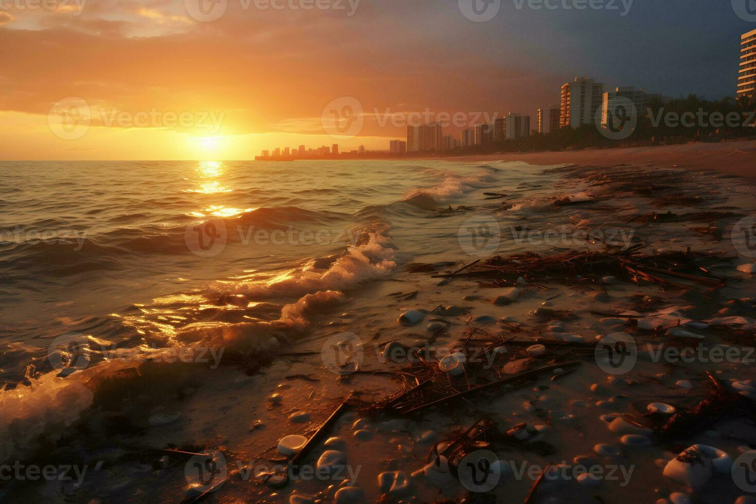 Sunset over polluted coastline reveals environmental damage AI Generative photo