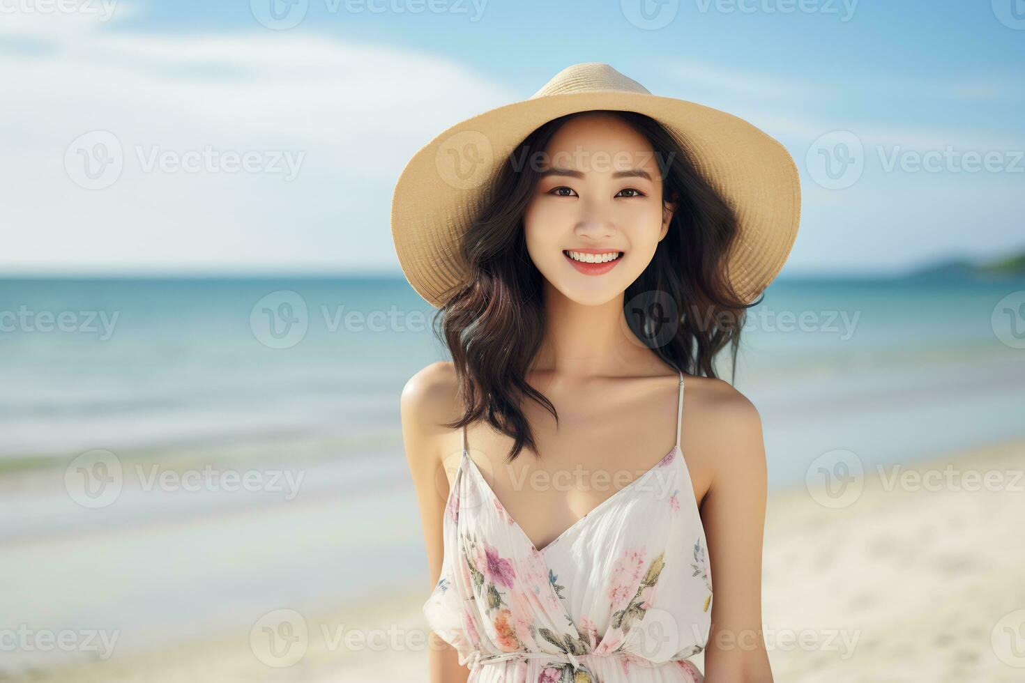 Young asian woman in summer dress and big smile AI Generative photo