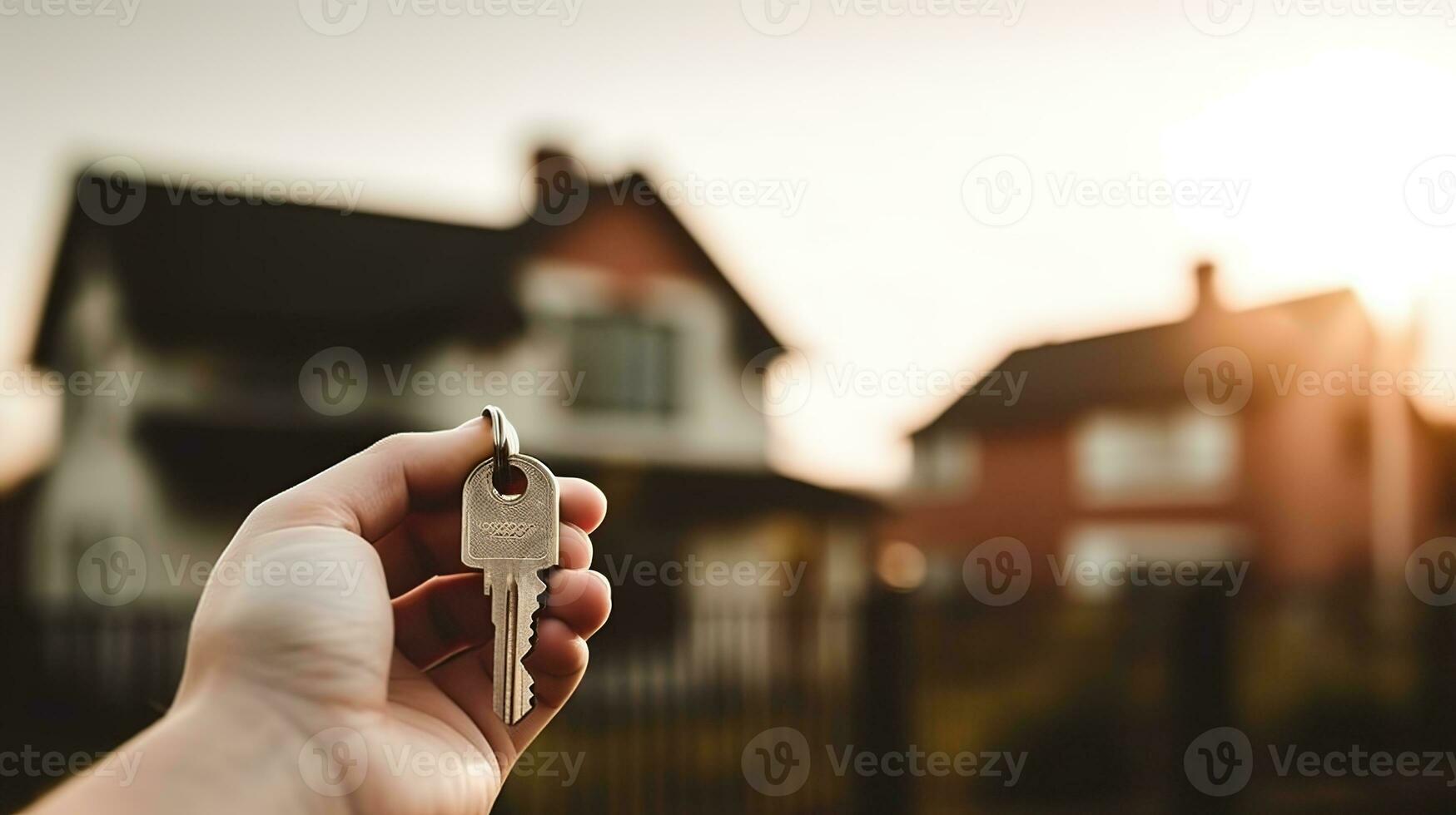 Hand holding key of new house, real state concept. AI Generated photo