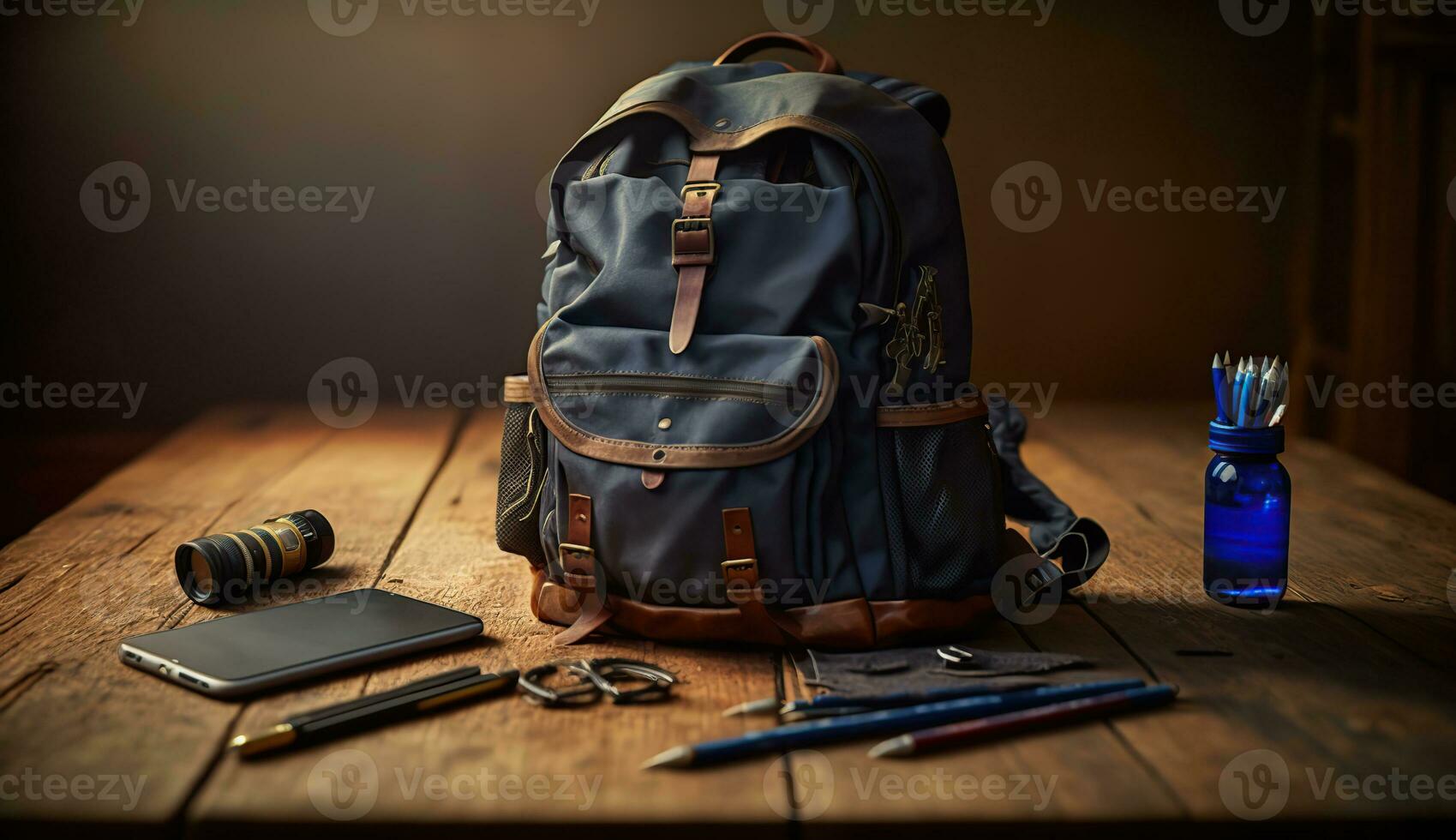 Backpack and school supplies on desk. AI Generated photo