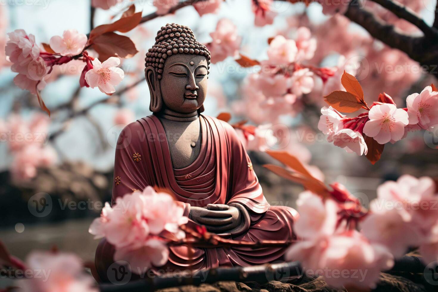 Buddha bronze statue with cherry blossom. AI Generated photo