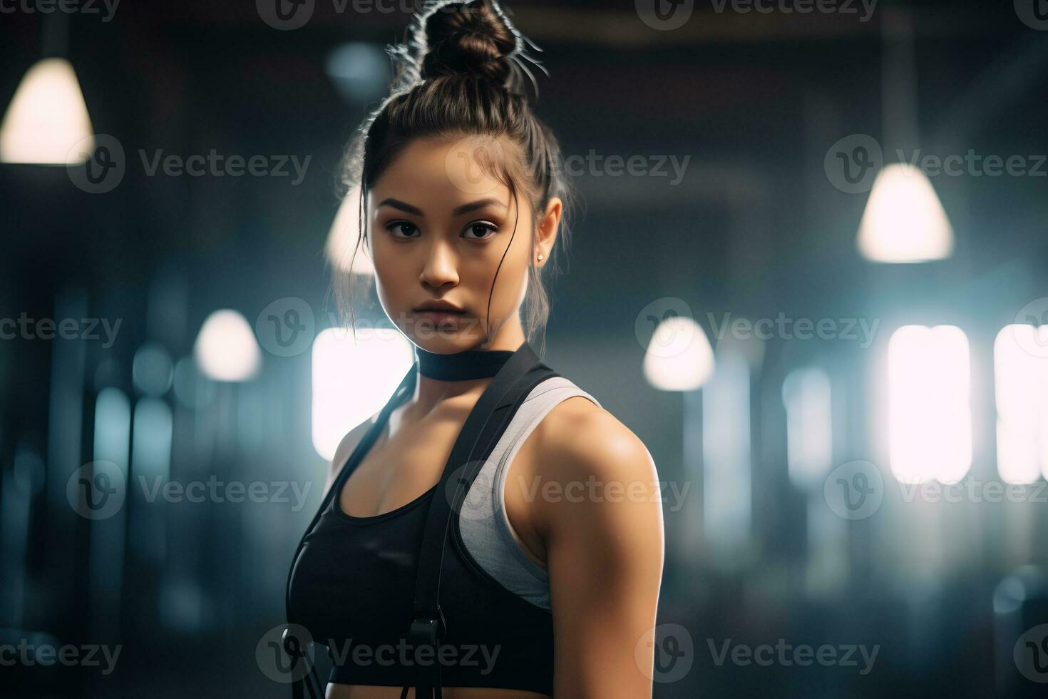 a young asian girl with brown hair pulled back wearing sport bra AI Generative photo