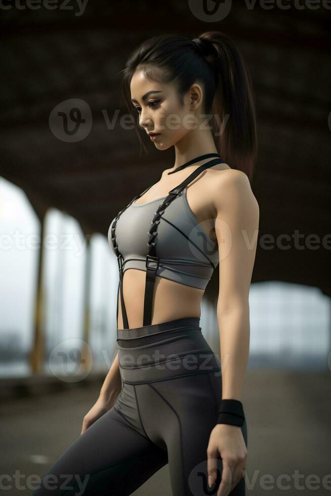 a young asian girl with brown hair pulled back wearing sport bra AI  Generative 30784329 Stock Photo at Vecteezy