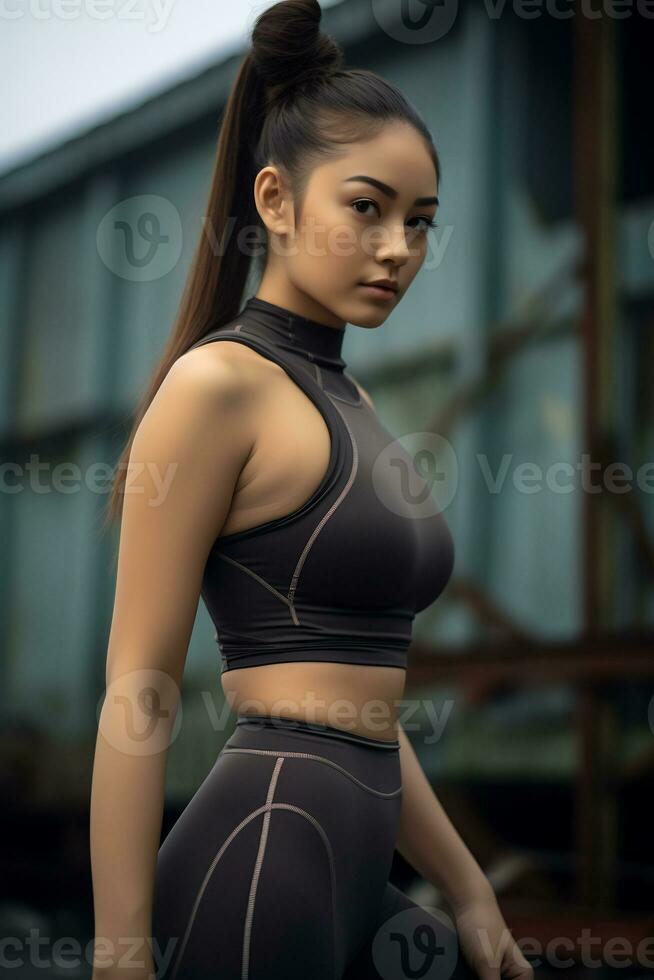 a young asian girl with brown hair pulled back wearing sport bra AI  Generative 30784346 Stock Photo at Vecteezy