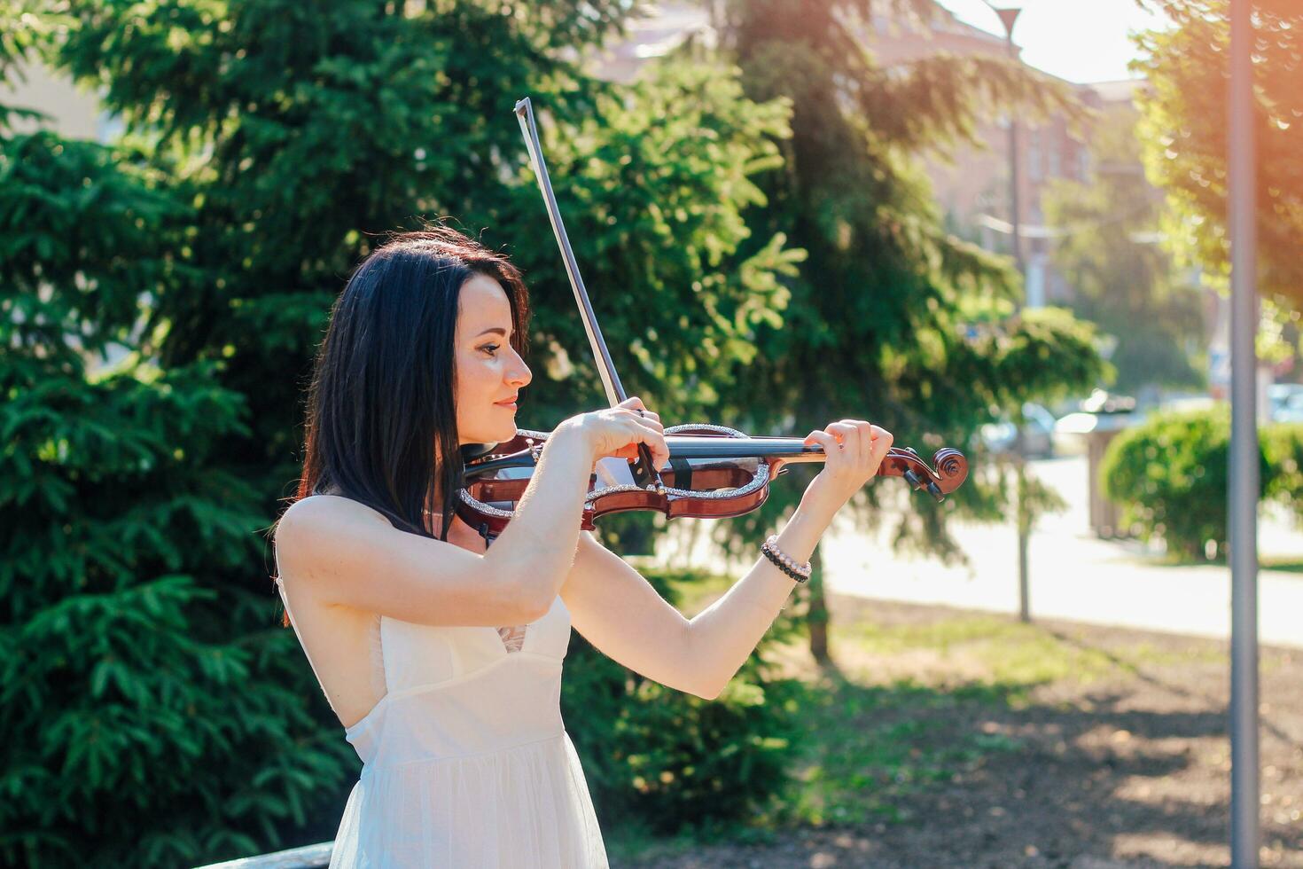 Woman artist with dark hair in a dress plays a wooden concert electric violin photo