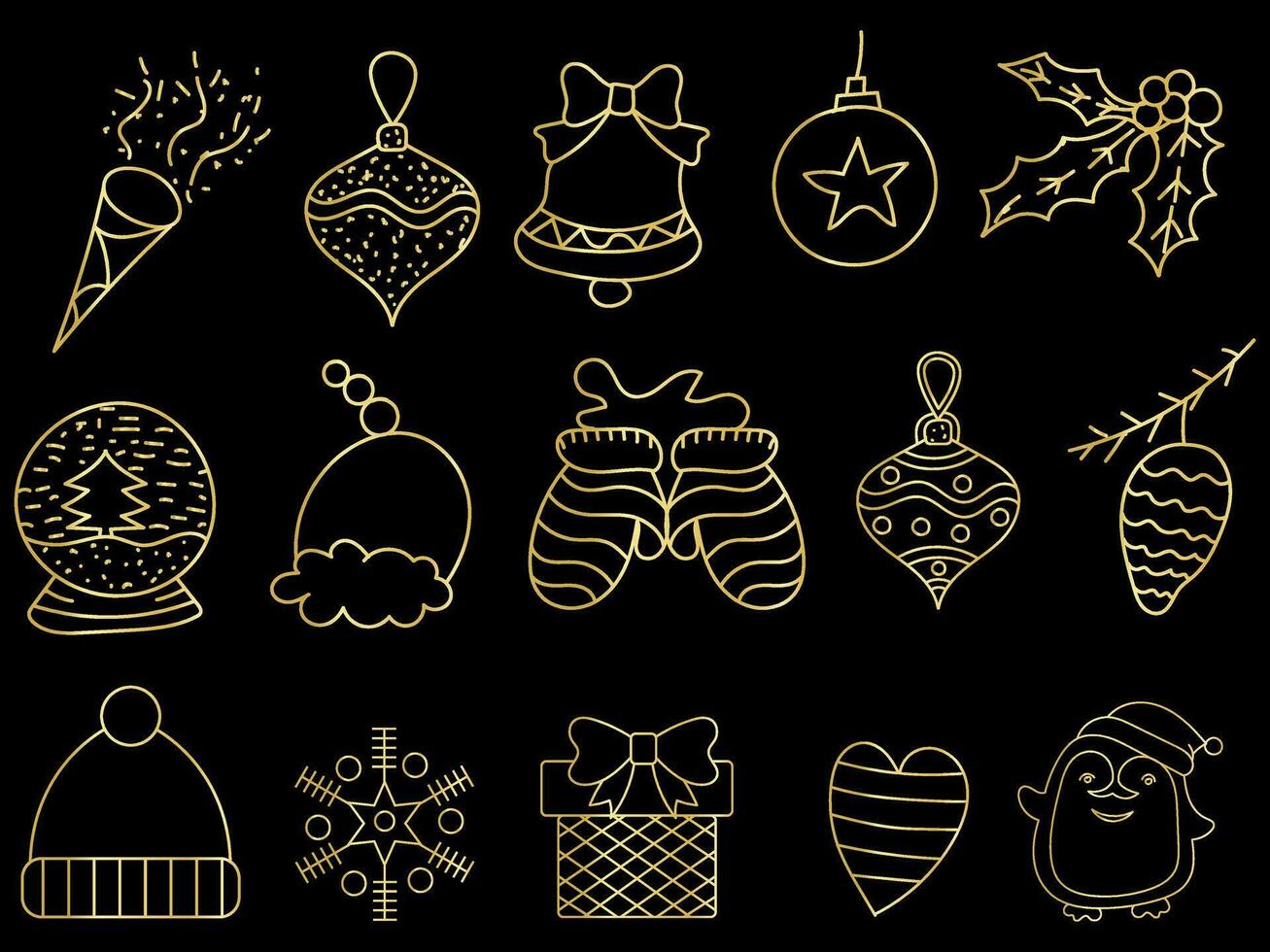 Golden christmas ornaments set with balls, snowflakes, hats, star, Christmas tree, orange, sock, gift, drink and garlands. vector