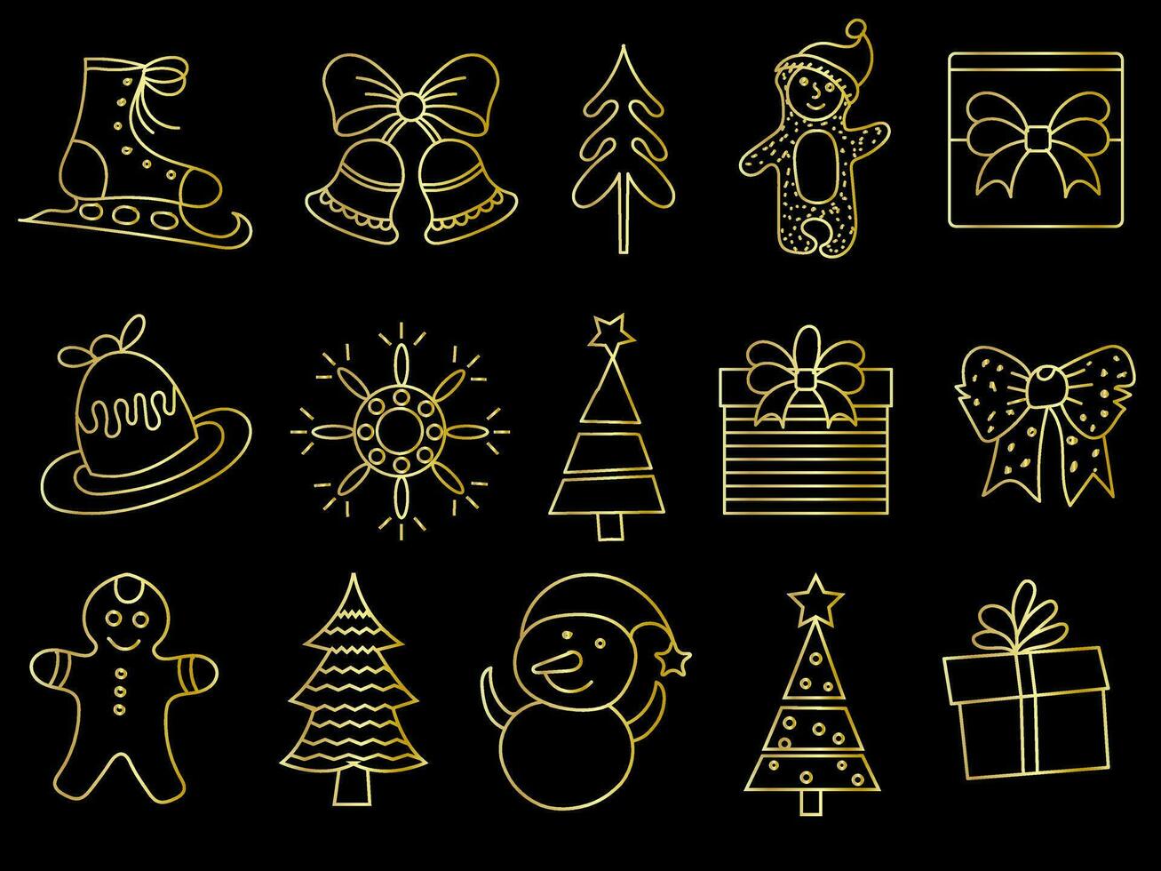 Golden christmas ornaments set with balls, snowflakes, hats, star, Christmas tree, orange, sock, gift, drink and garlands. vector