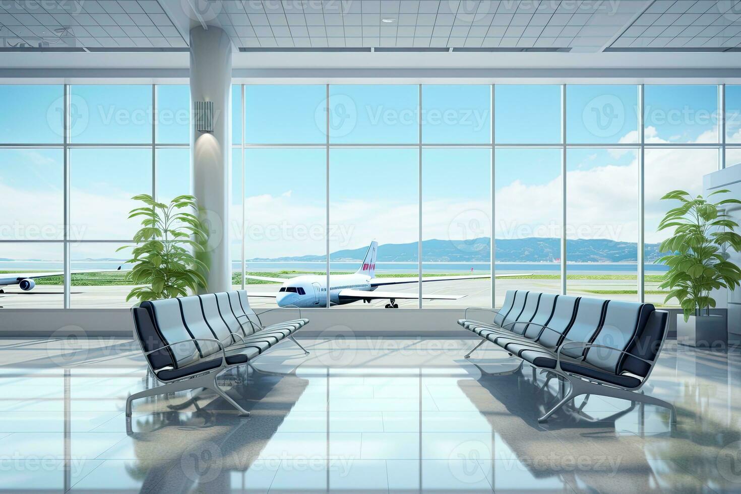 Interior of airport terminal with panoramic window and airplan. Generative AI photo