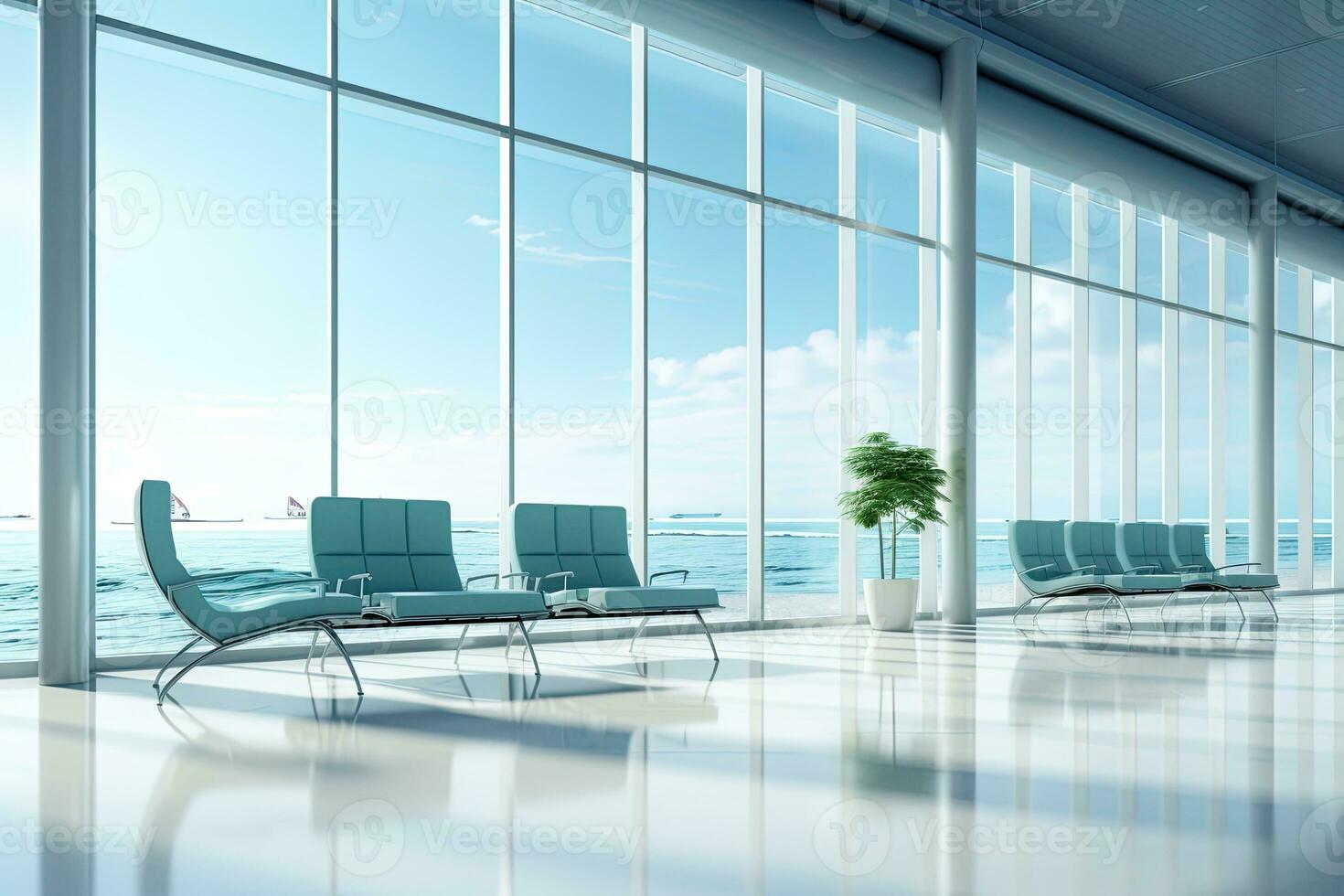 Interior of airport terminal with panoramic window and airplan. Generative AI photo