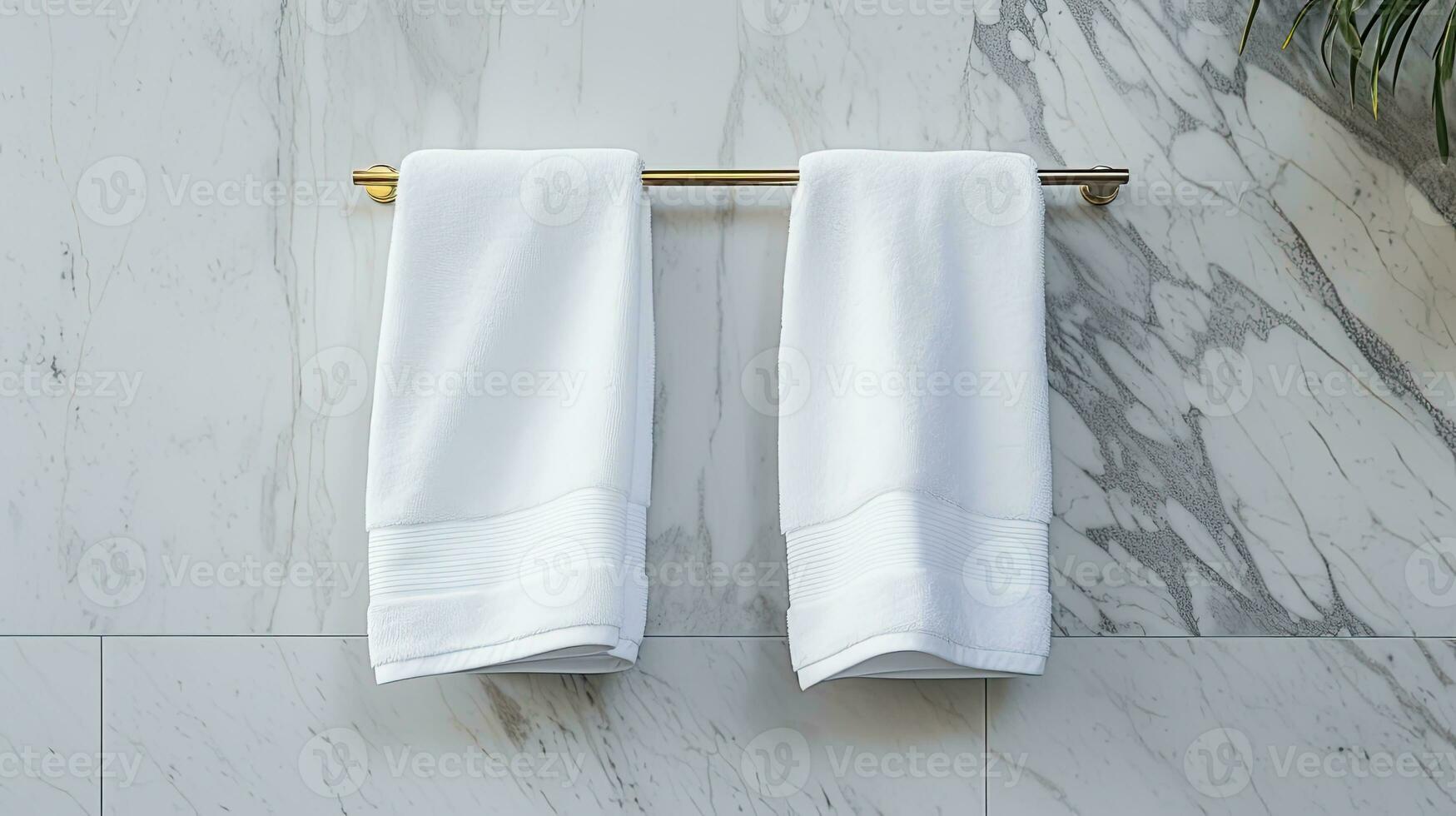White towel hanging on the wall in bathroom with white marble tile wall. Bathroom interior. Generative AI photo