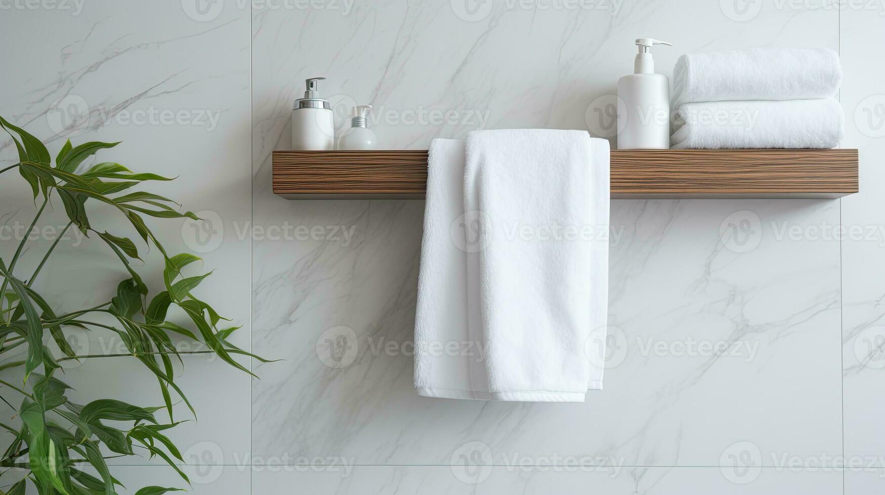 White towel hanging on the wall in bathroom with white marble tile wall. Bathroom interior. Generative AI photo