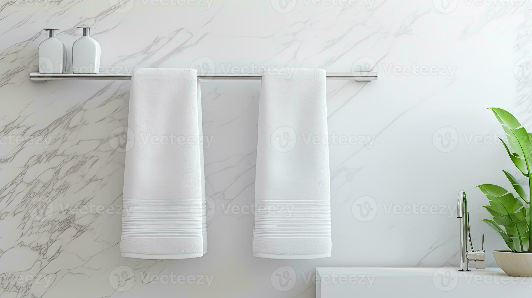 White towel hanging on the wall in bathroom with white marble tile wall. Bathroom interior. Generative AI photo