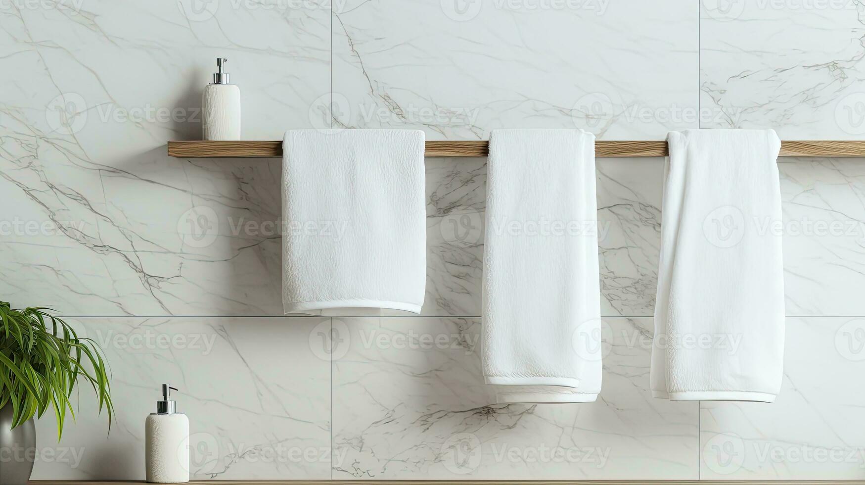 White towel hanging on the wall in bathroom with white marble tile wall. Bathroom interior. Generative AI photo