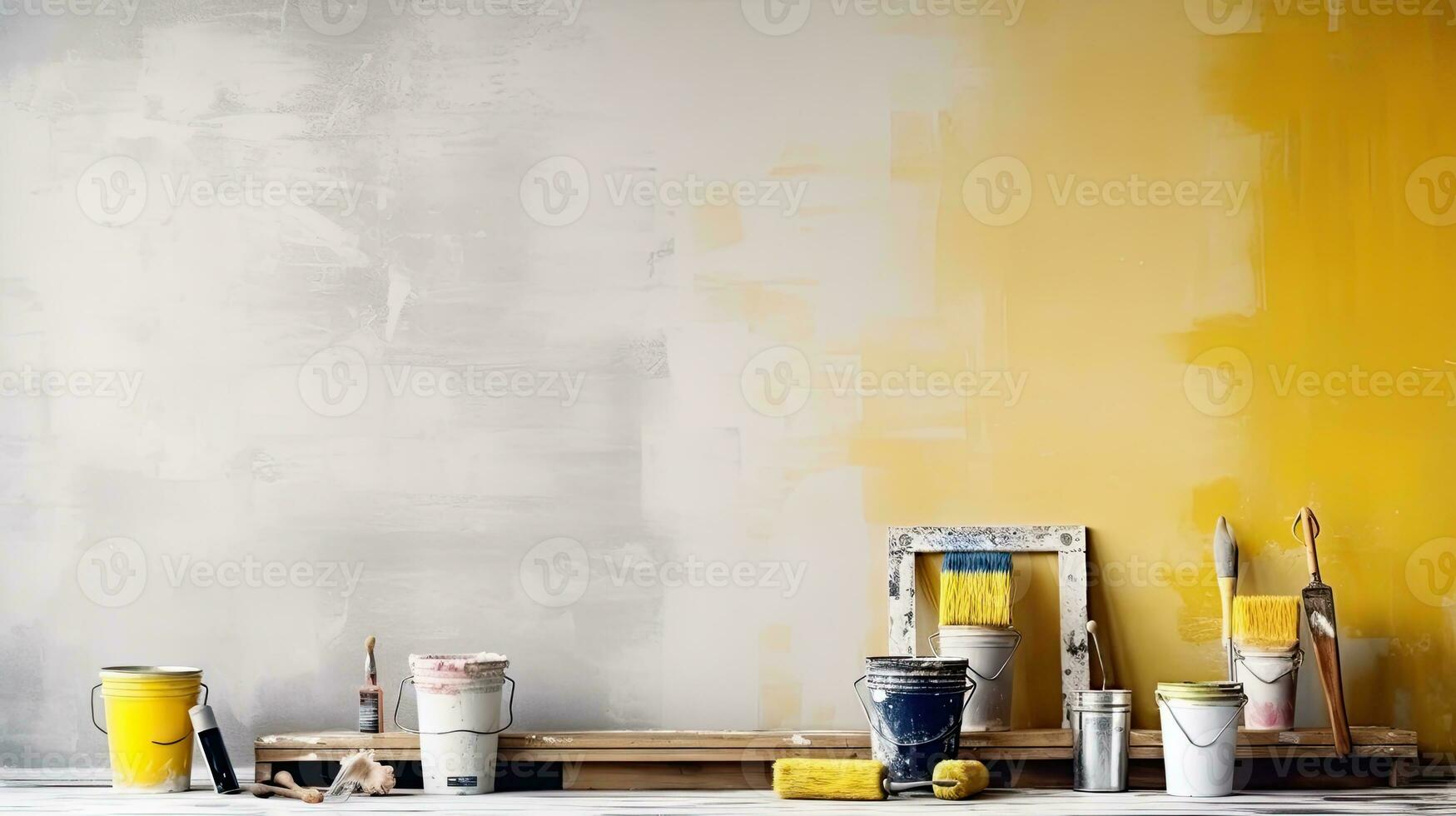 Repair and painting tools of walls in room. Renovation and decoration. Generative AI photo
