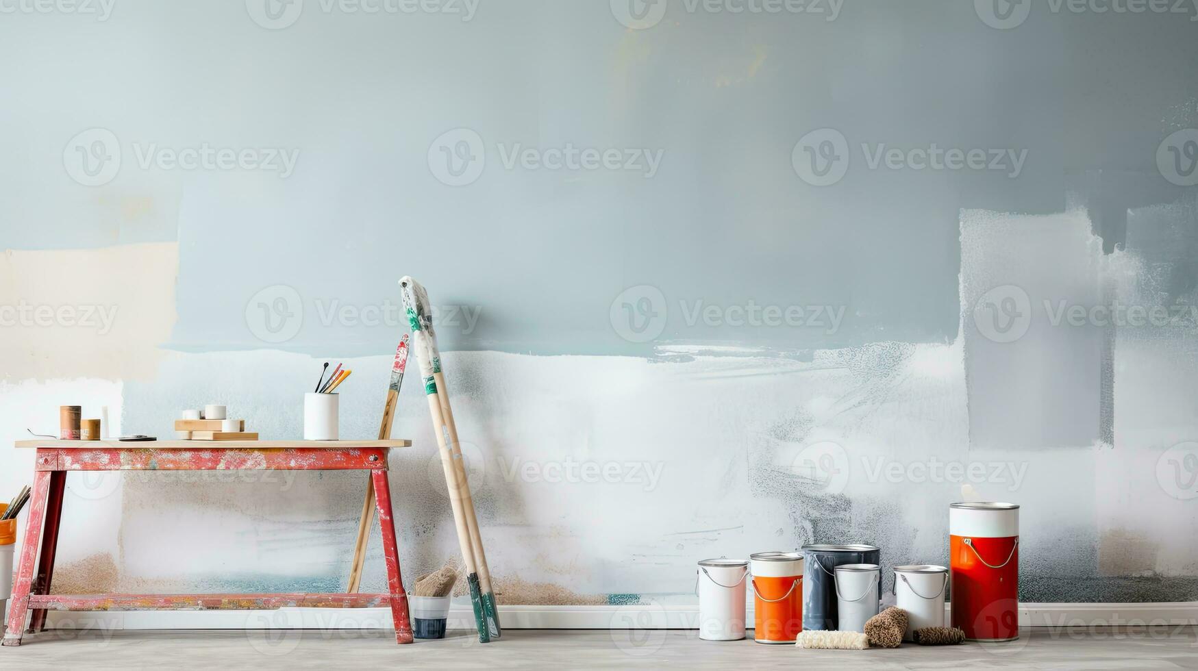 Repair and painting tools of walls in room. Renovation and decoration. Generative AI photo
