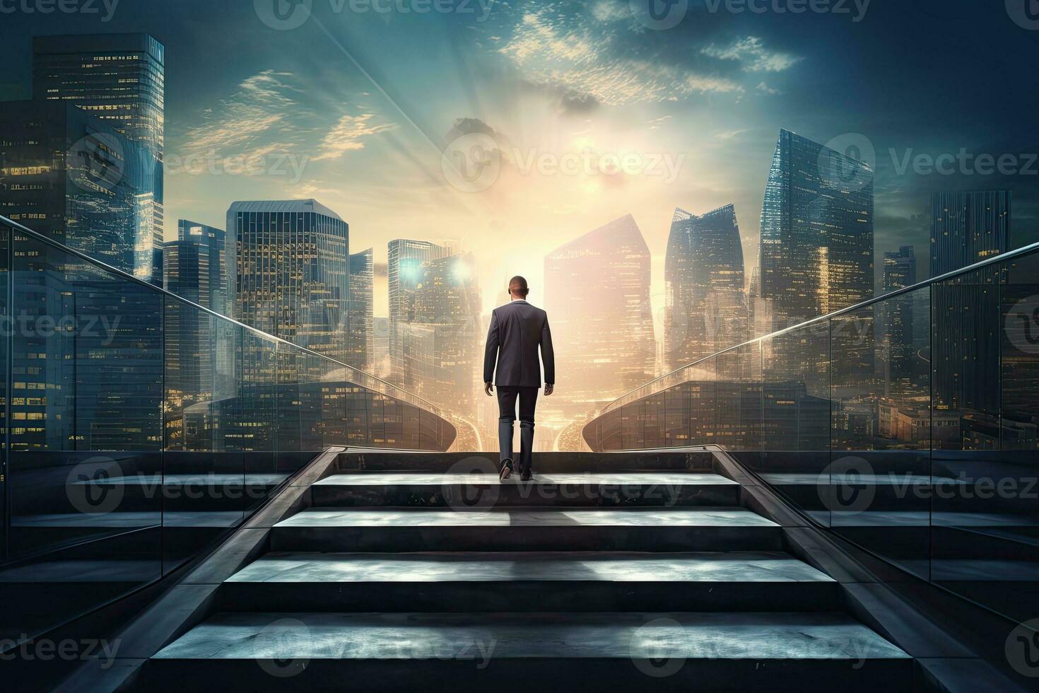 Back view of businessman walking up stairs on city background. Career and success concept. Generative AI photo