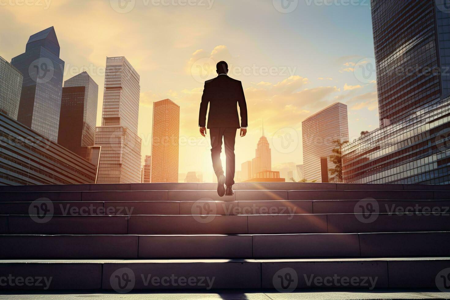 Back view of businessman walking up stairs on city background. Career and success concept. Generative AI photo