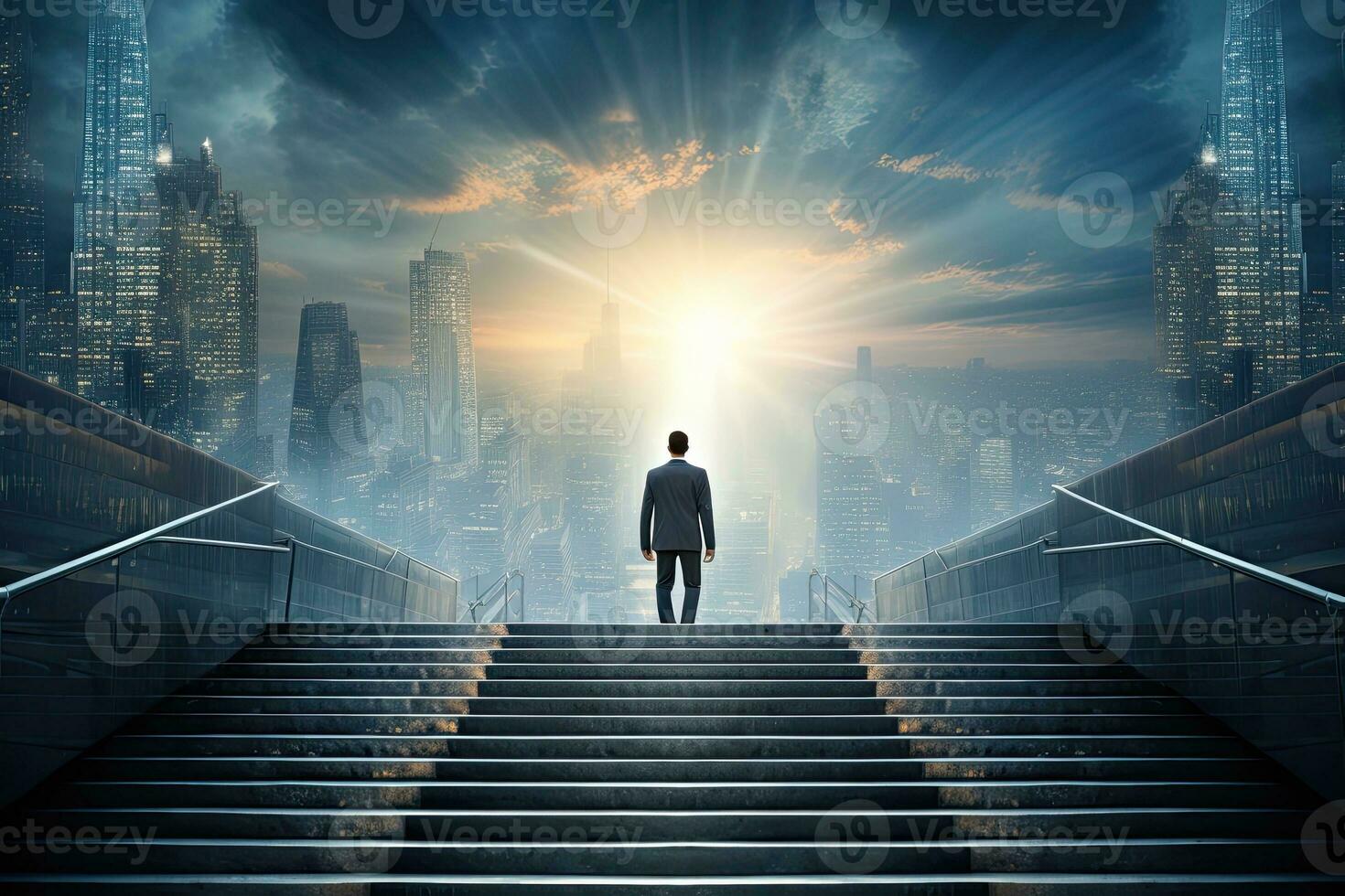 Back view of businessman walking up stairs on city background. Career and success concept. Generative AI photo