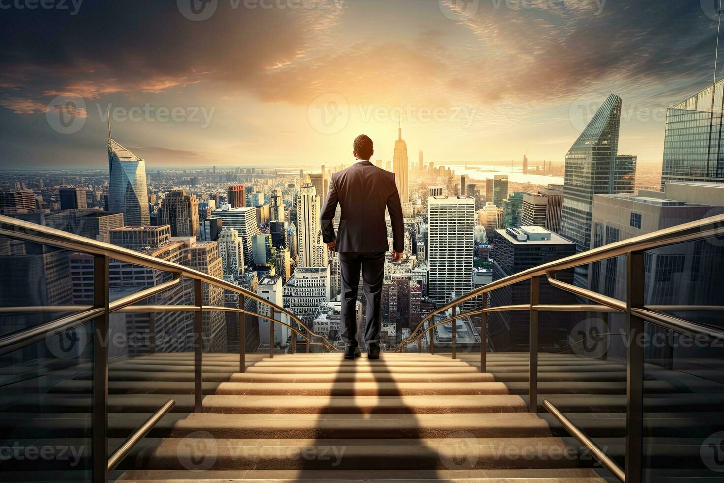 Back view of businessman walking up stairs on city background. Career and success concept. Generative AI photo