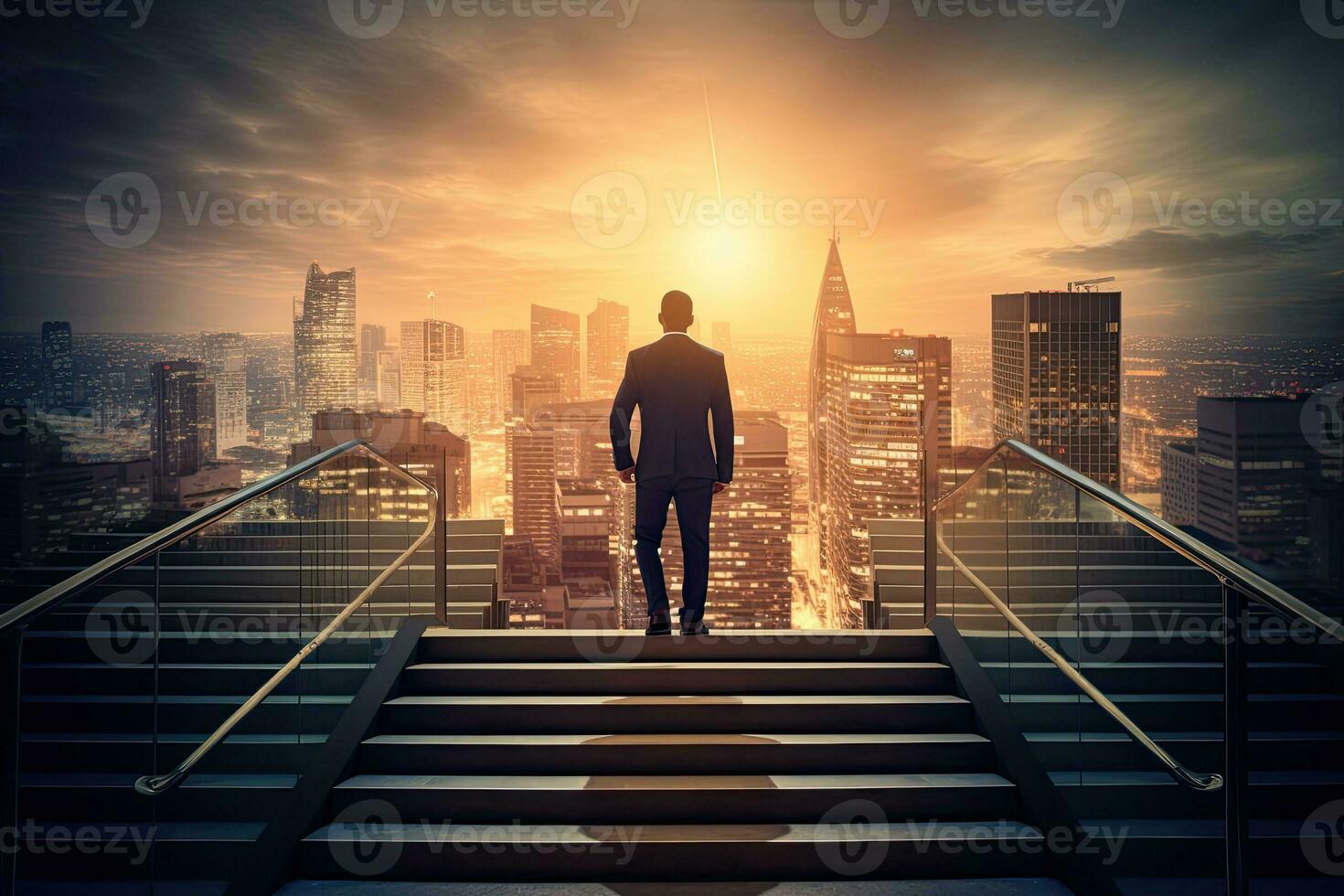 Back view of businessman walking up stairs on city background. Career and success concept. Generative AI photo