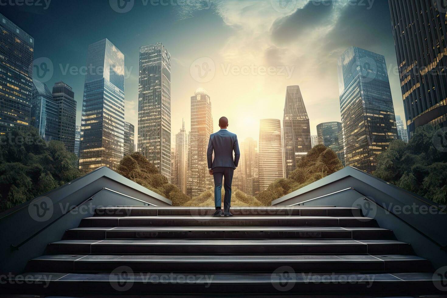 Back view of businessman walking up stairs on city background. Career and success concept. Generative AI photo