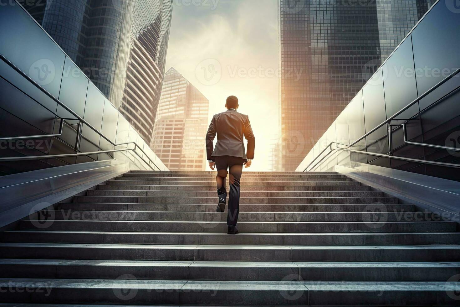 Back view of businessman walking up stairs on city background. Career and success concept. Generative AI photo