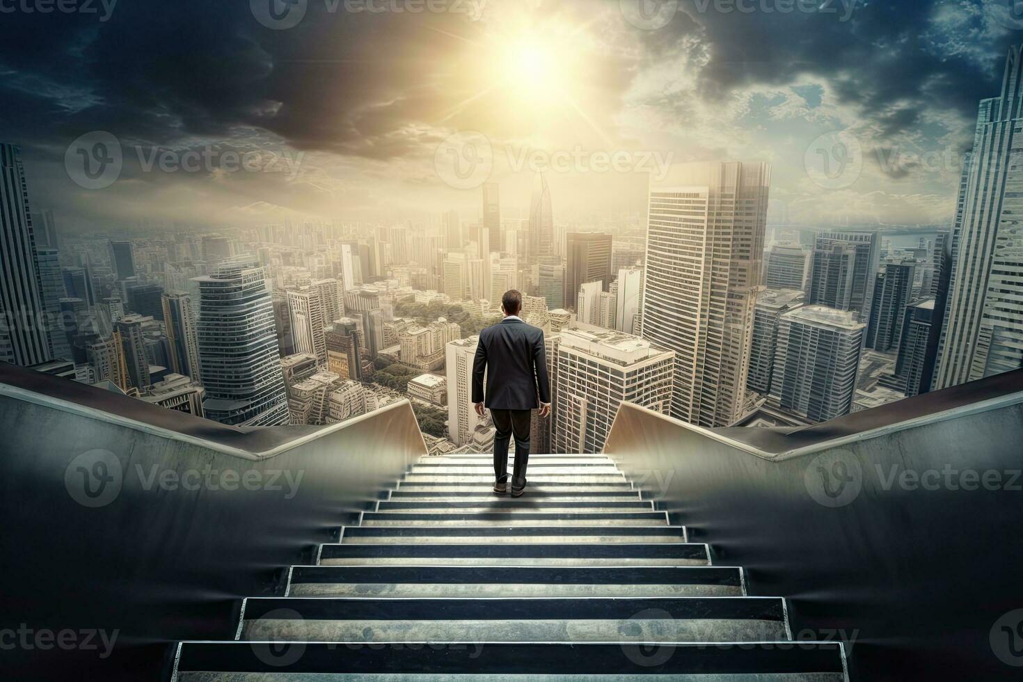Back view of businessman walking up stairs on city background. Career and success concept. Generative AI photo