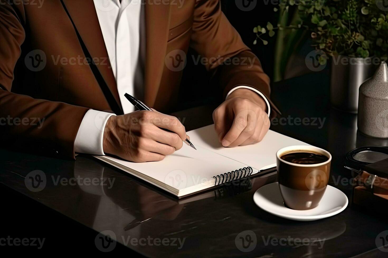 Close up of businessman signing contract. Businessman sitting at table and writing in notepad. Generative AI photo