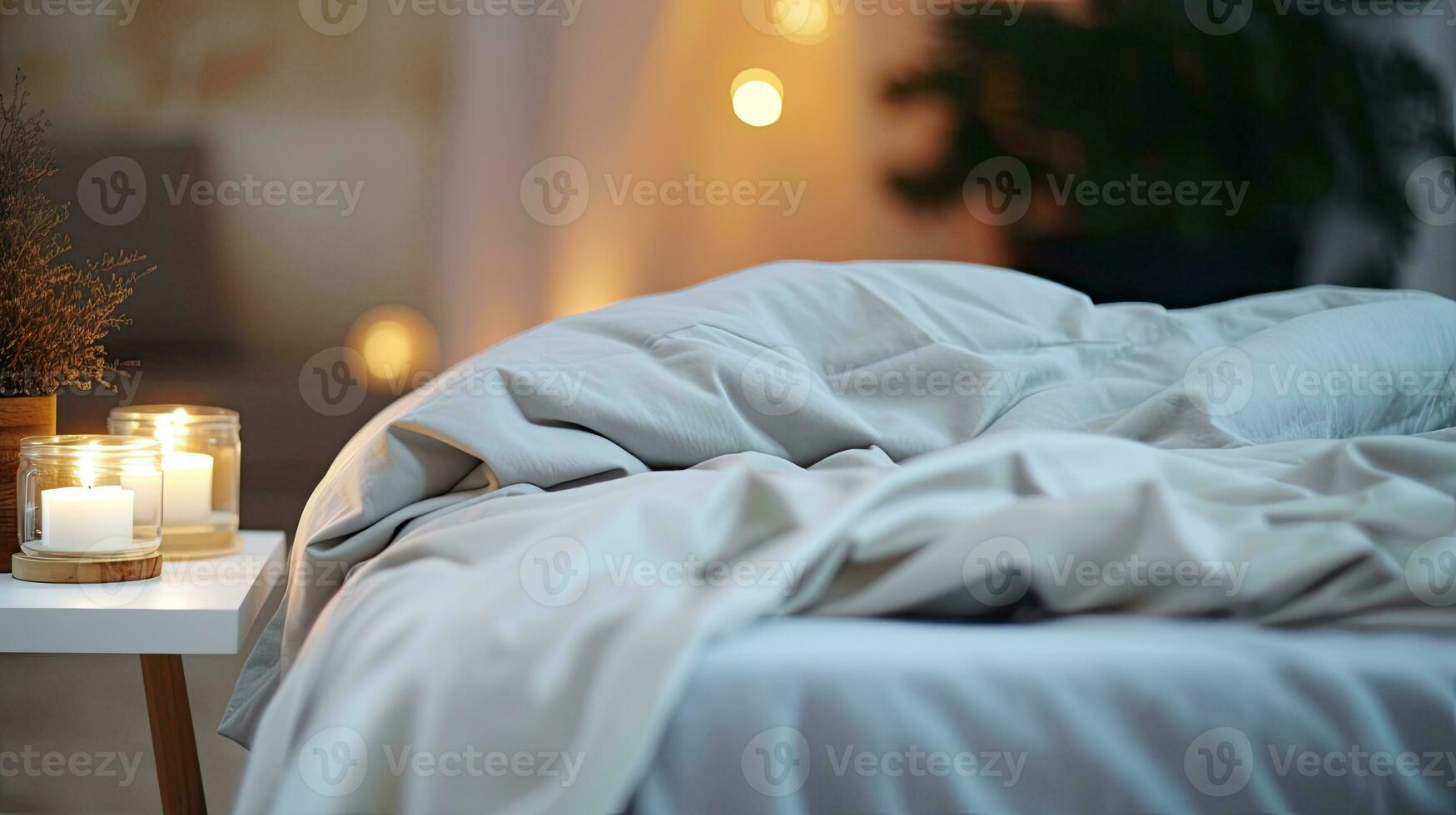 Modern interior cozy bedroom design with wall and a vase with autumn leaves with on wooden wall background, selective focus. Generative AI photo