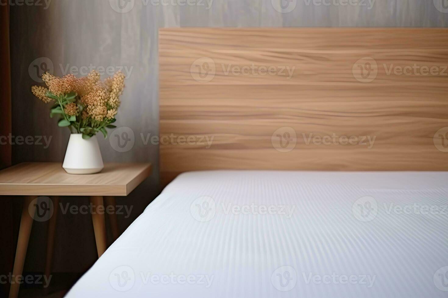 Modern interior cozy bedroom design with wall and a vase with autumn leaves with on wooden wall background, selective focus. Generative AI photo
