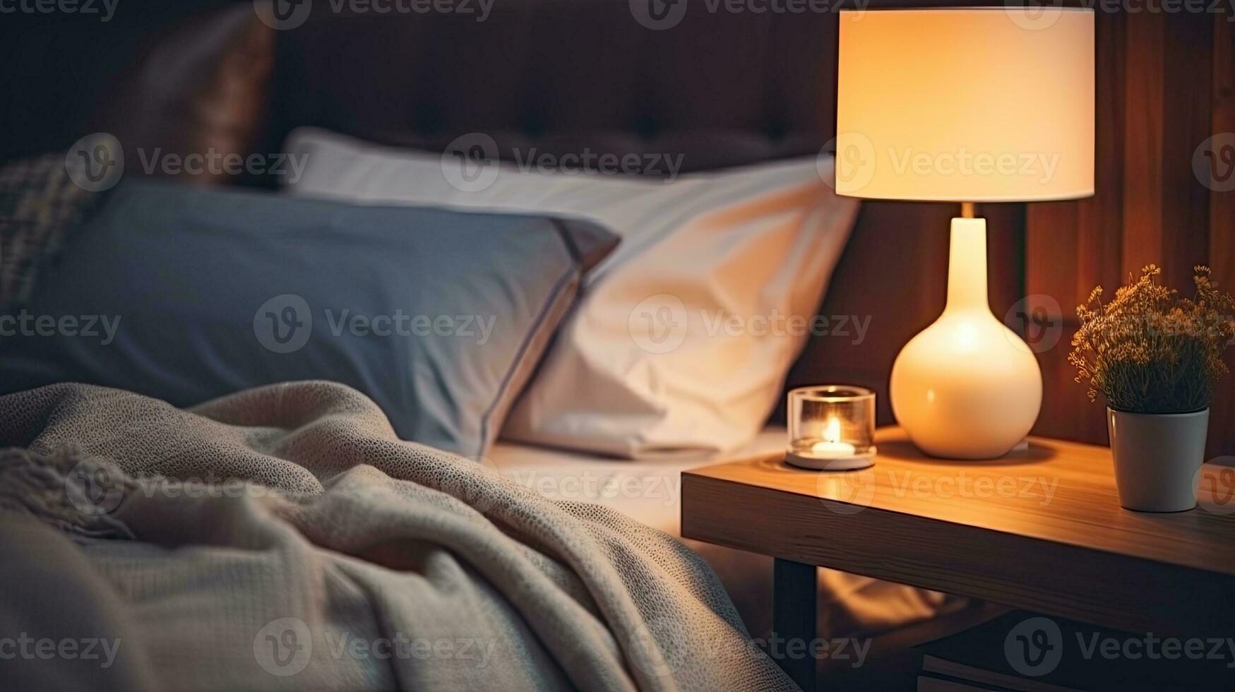 Modern interior cozy bedroom design with wall and a vase with autumn leaves with on wooden wall background, selective focus. Generative AI photo