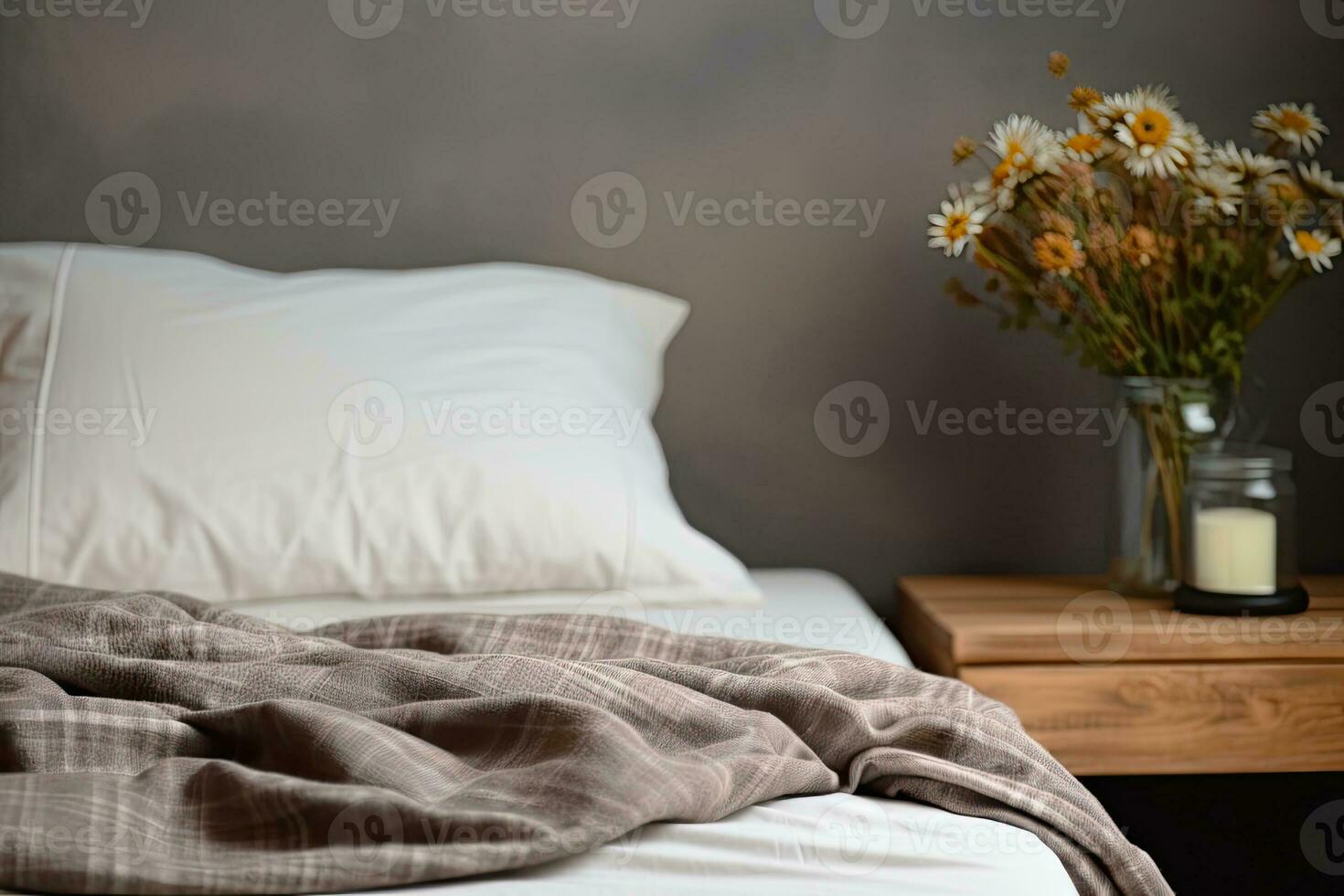 Modern interior cozy bedroom design with wall and a vase with autumn leaves with on wooden wall background, selective focus. Generative AI photo
