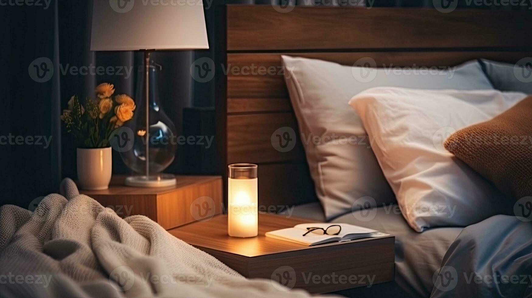 Modern interior cozy bedroom design with wall and a vase with autumn leaves with on wooden wall background, selective focus. Generative AI photo