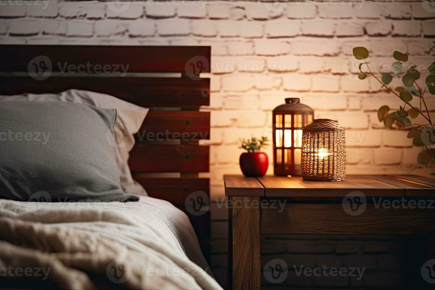 Modern interior cozy bedroom design with wall and a vase with autumn leaves with on wooden wall background, selective focus. Generative AI photo