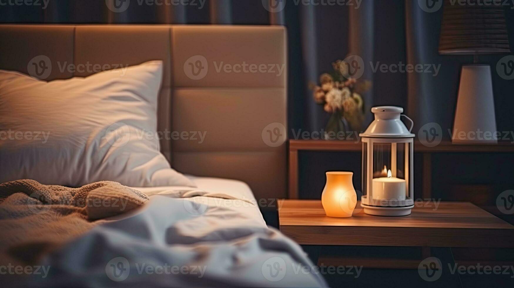 Modern interior cozy bedroom design with wall and a vase with autumn leaves with on wooden wall background, selective focus. Generative AI photo