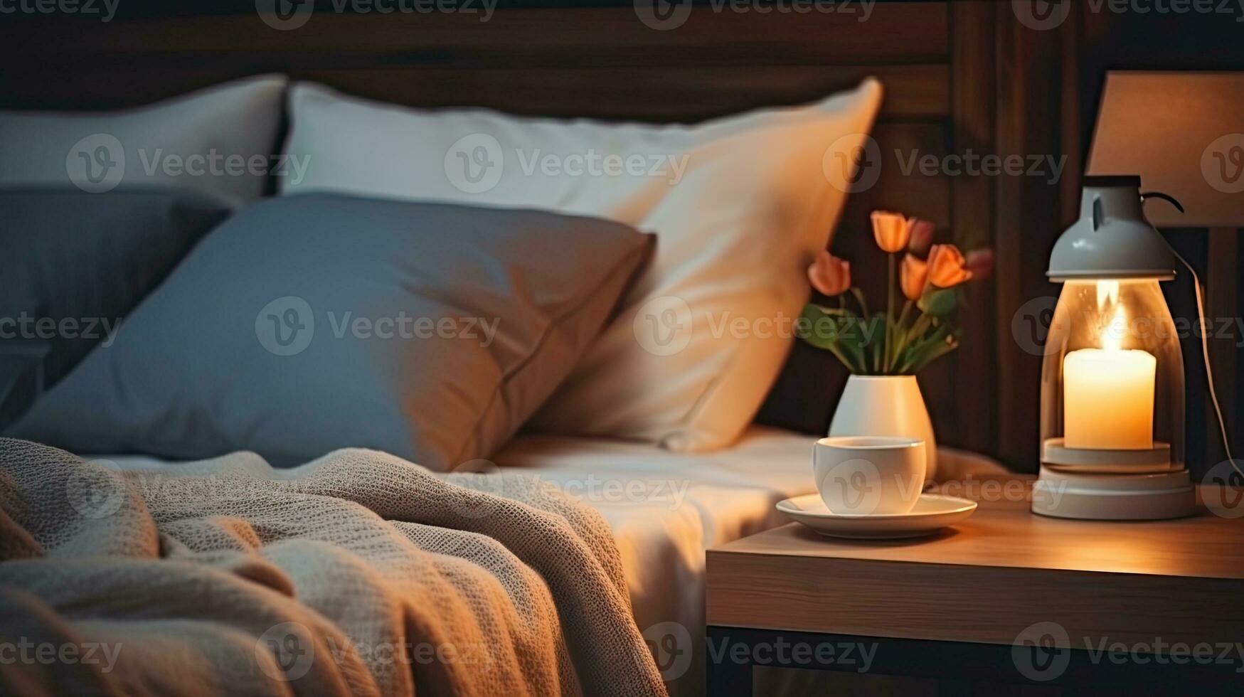 Modern interior cozy bedroom design with wall and a vase with autumn leaves with on wooden wall background, selective focus. Generative AI photo